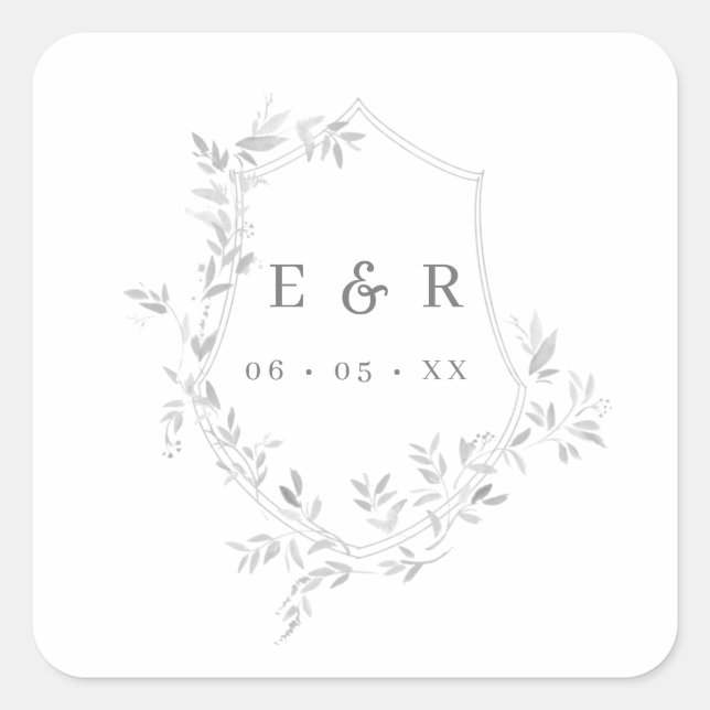 Classic Gray Blätter Wappen Monogram Wedding Quadratischer Aufkleber (Vorderseite)