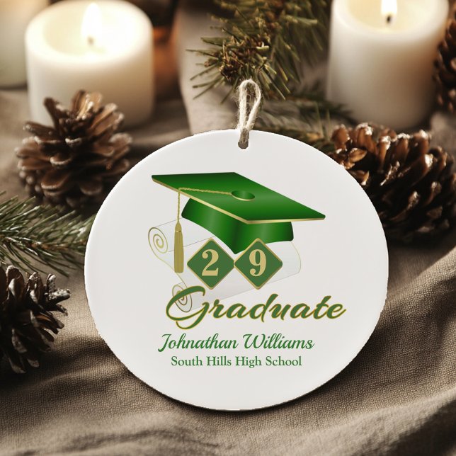 Classic Green and Gold Graduate Keramik Ornament (Personalized Classic Green and Gold Graduate Ceramic Ornament)