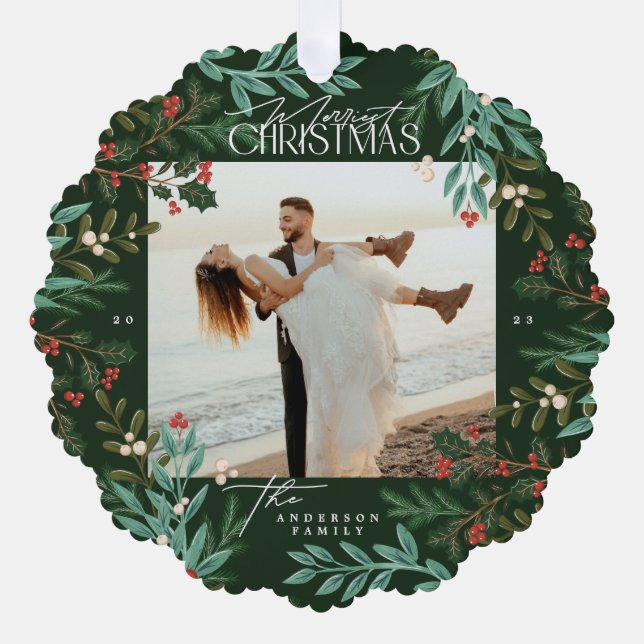 Classic Green Botanical Christmas Foto Ornament Karte (Vorderseite)