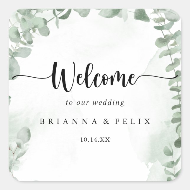 Classic Green Eucalyptus Foliage Wedding Welcome Quadratischer Aufkleber (Vorderseite)