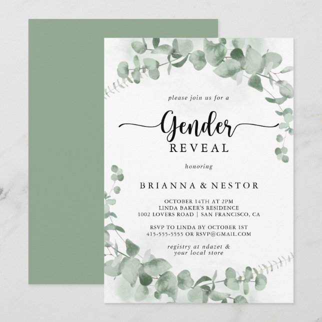 Classic Green Eucalyptus Gender Reveal Party Einladung (Vorne/Hinten)