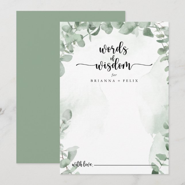 Classic Green Eucalyptus Wedding Words of Weisheit Hinweiskarte (Vorne/Hinten)
