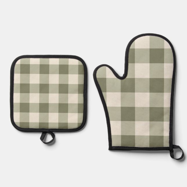 Classic Green Farmhouse Gingham Style Ofenhandschuh & Topflappen-Set (Vorderseite)