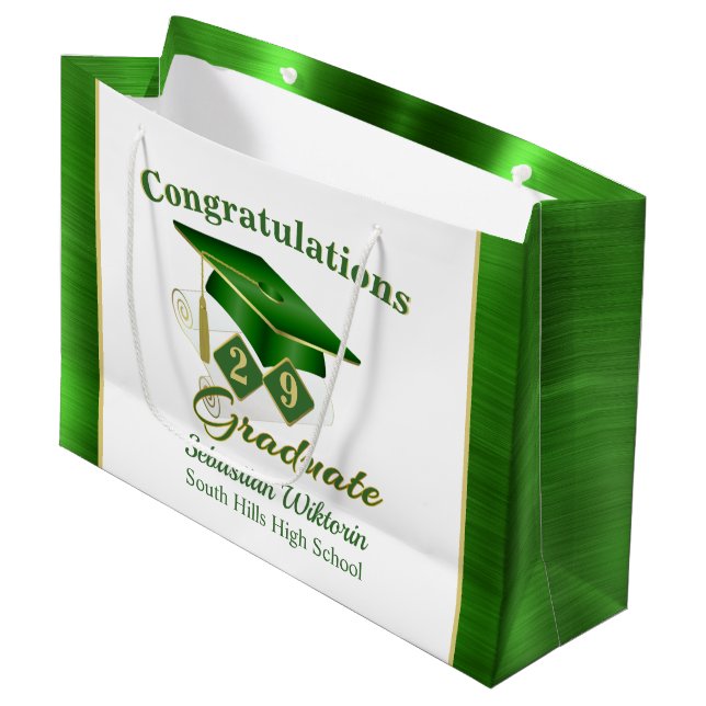 Classic Green Gold Personalisiert Abschluss Große Geschenktüte (Vorderseite Schrägansicht)
