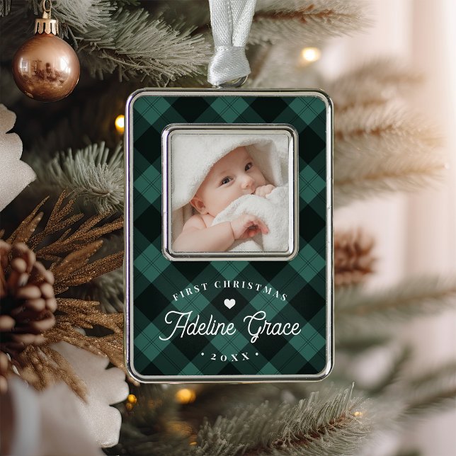 Classic Green Kariert Baby's First Christmas Foto Rahmen-Ornament Silber (Von Creator hochgeladen)
