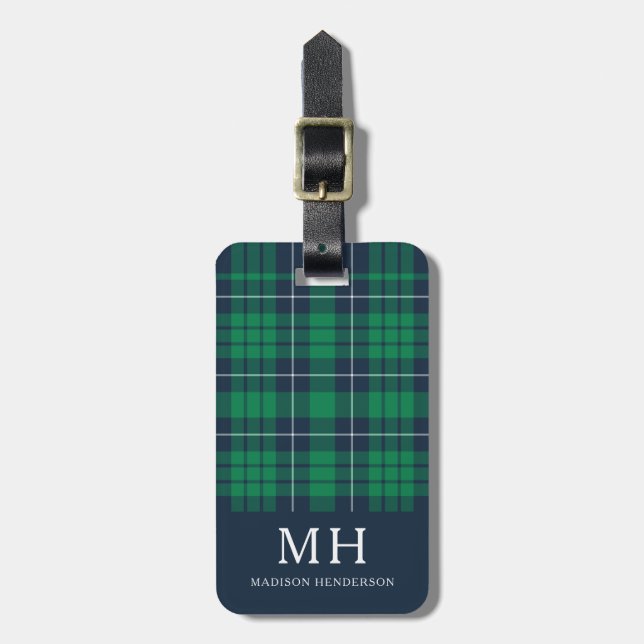 Classic Green Kariert Monogram Gepäckanhänger (Vorderseite vertikal)