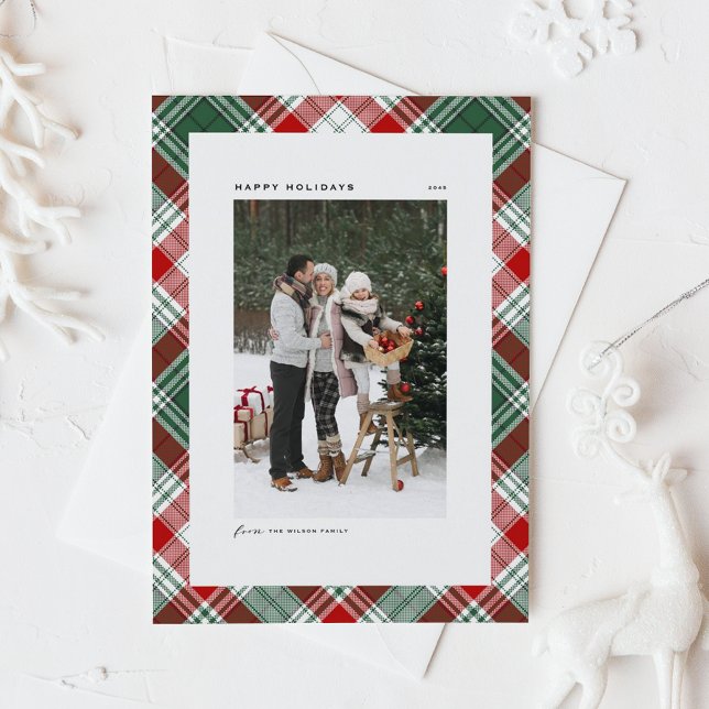 Classic Green Kariert Pattern Happy Holidays Foto (Green and Red Classic Plaid Pattern Happy Holidays Photo Card)