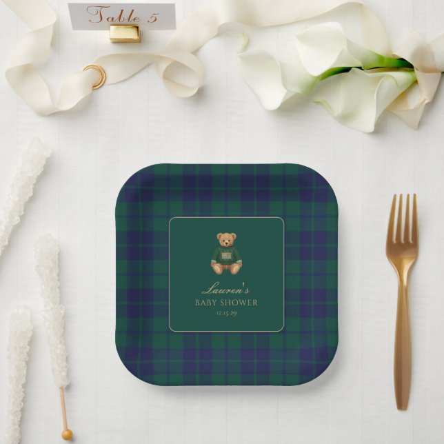 Classic Green Navy Plaid Bear Baby Shower  Pappteller (Hochzeit)