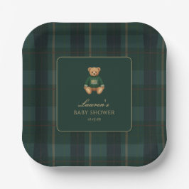 Classic Green Plaid Bear Baby Shower Pappteller