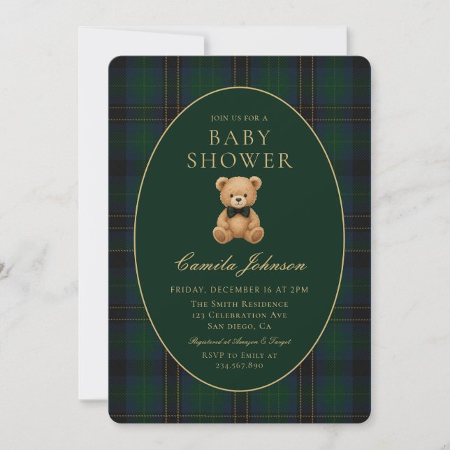 Classic Green Plaid Teddy Bear Baby Shower Einladung (Vorderseite)