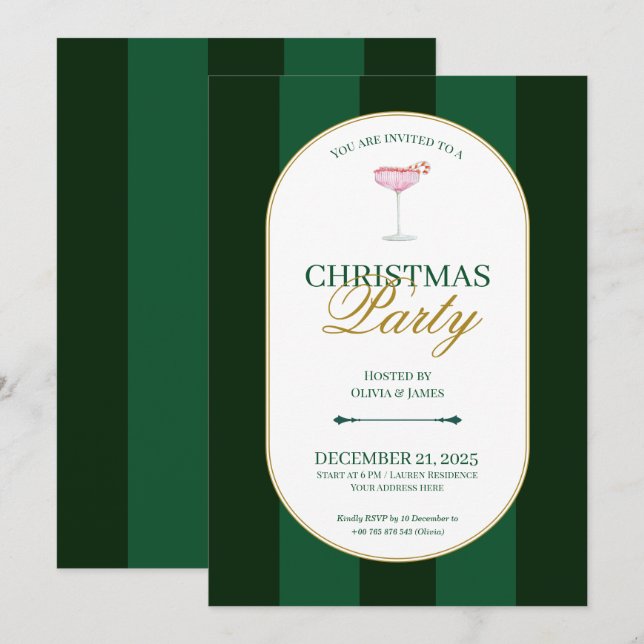 Classic green stripe Christmas Invitation (Devant / Derrière)