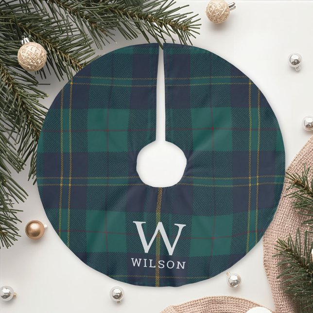 Classic Green Tartan Plaid Monogram Christmas Polyester Weihnachtsbaumdecke (Von Creator hochgeladen)