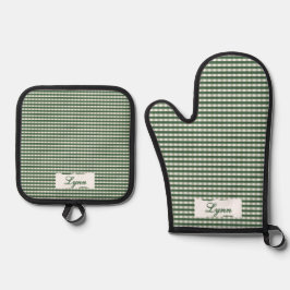 Classic Green & White Gingham | Personalized Name Ofenhandschuh & Topflappen-Set