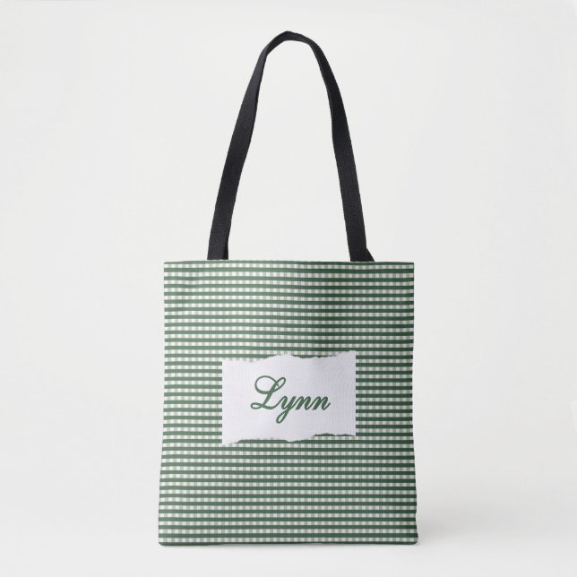 Classic Green & White Gingham | Personalized Name Tasche (Vorderseite)