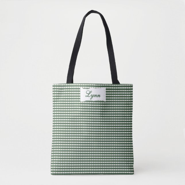 Classic Green & White Gingham | Personalized Name Tasche (Vorderseite)