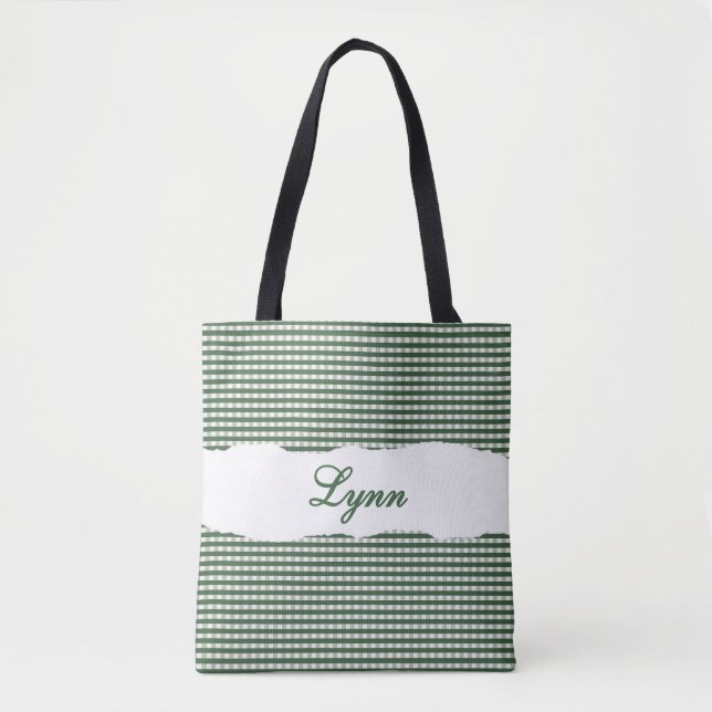 Classic Green & White Gingham | Personalized Name Tasche (Vorderseite)