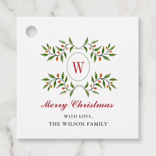 Classic Greenery & Citrus Monogram Christmas Geschenkanhänger (Vorderseite)