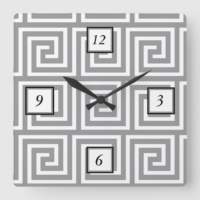Classic Grey and White Greek Key Pattern Quadratische Wanduhr (Vorderseite)