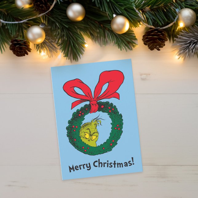 Classic Grinch | Weihnachtskranz Feiertagskarte (Card on table)