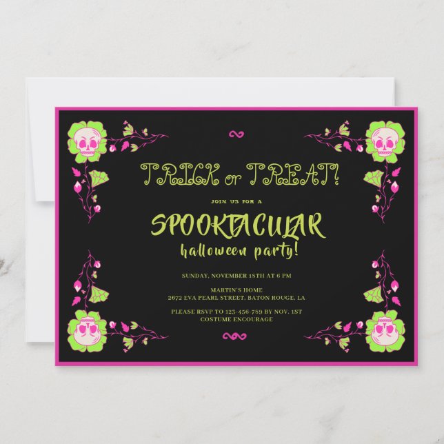 Classic Halloween Black & Pink Skull Kostüm Party Einladung (Vorderseite)