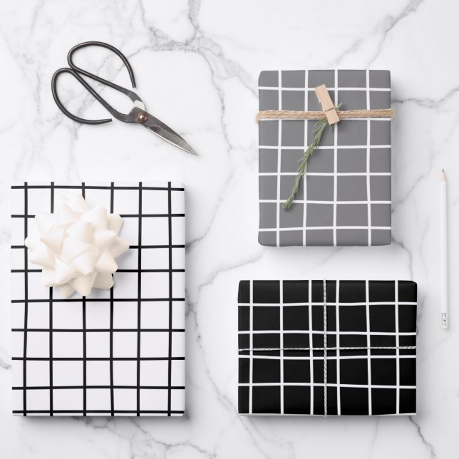 Classic Hand Drawn Grid Pattern White Gray Black  Geschenkpapier Set (Vorderseite)