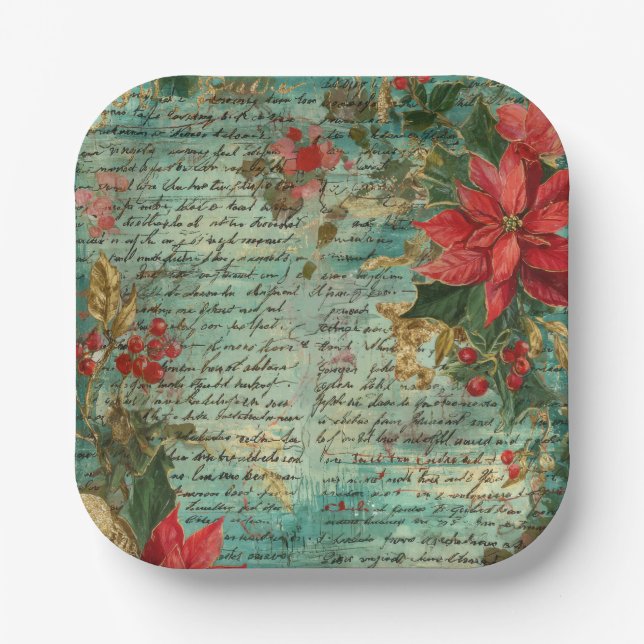 Classic Handwritten Poinsettia Christmas Holiday Pappteller (Vorderseite)