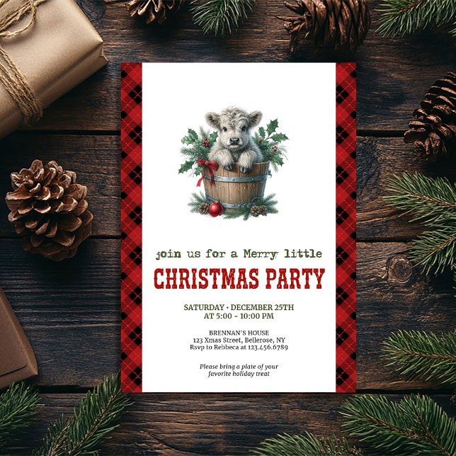 Classic highland cow Christmas invite red florals Einladung (Classic highland cow Christmas invite red florals

)