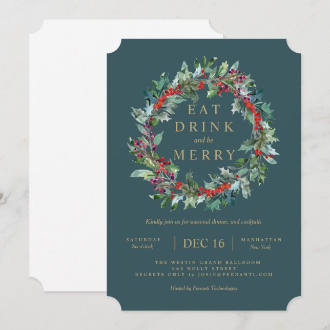 Classic Holiday Berry Holly Wreath Invitation (Devant / Derrière)
