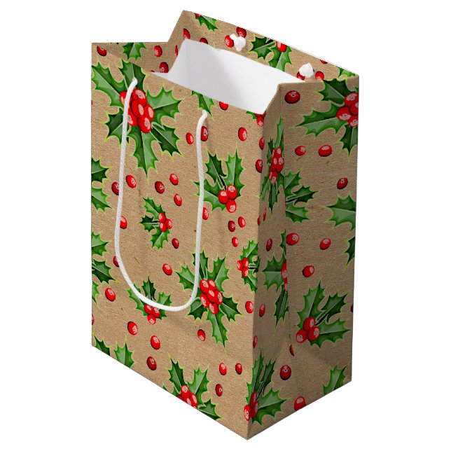 Classic Holiday Green Holly Red Berries Mittlere Geschenktüte (Vorderseite Schrägansicht)