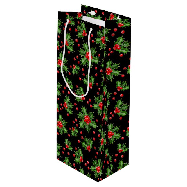 Classic Holiday Green Holly Red Berries Muster Geschenktüte Für Weinflaschen (Vorderseite Schrägansicht)