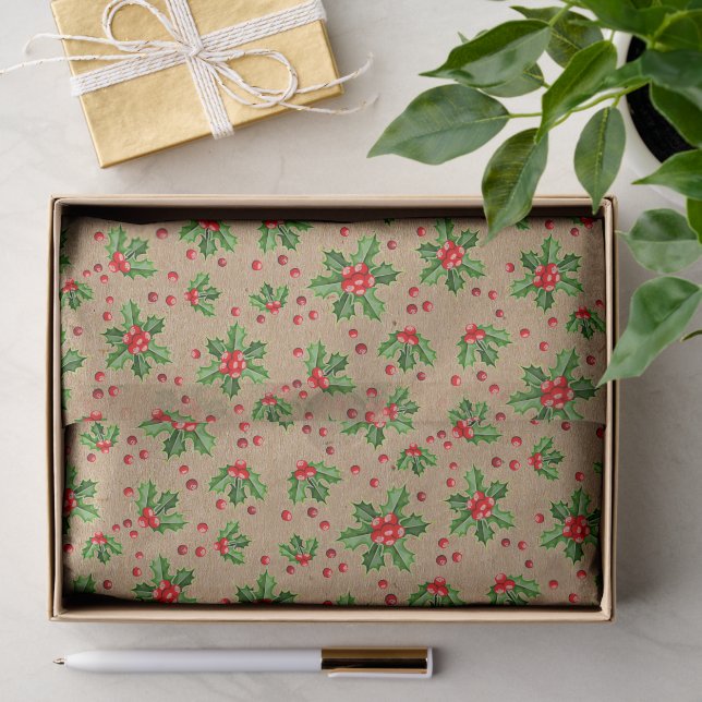 Classic Holiday Green Holly Red Berries Seidenpapier (Geschenk)