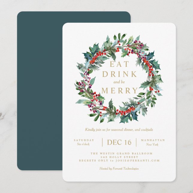 Classic Holiday Holly Berry Wreath Invitation (Devant / Derrière)