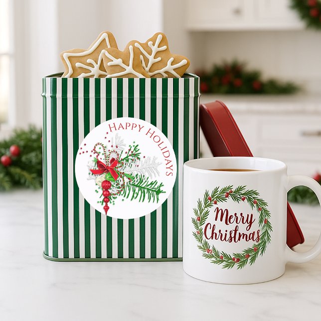 Classic Holiday Red White Candy Cane Green Foliage Runder Aufkleber (Von Creator hochgeladen)