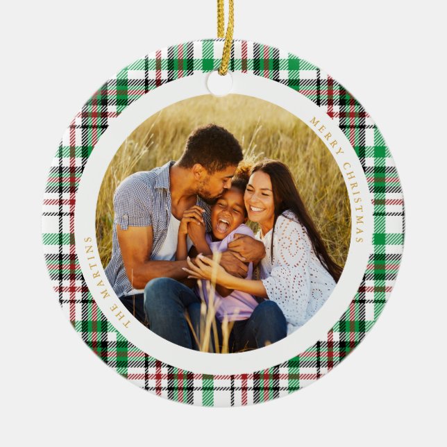 Classic Holiday Weißes Kariertes Foto Keramik Ornament (Vorne)