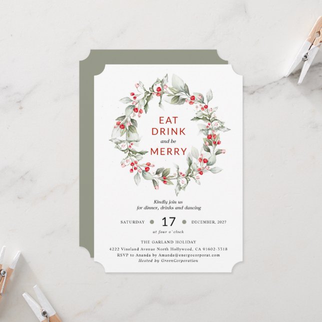 Classic Holiday Wreath Berry Party Einladung (Vorderseite/Rückseite Beispiel)