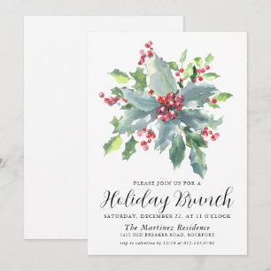 Classic Holly Berry Greenery Holiday Brunch Einladung