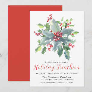 Classic Holly Berry Greenery Holiday Luncheon Einladung