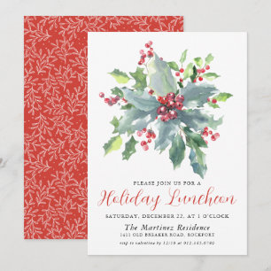 Classic Holly Berry Greenery Holiday Luncheon Einladung