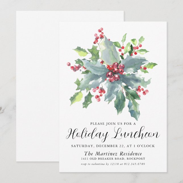 Classic Holly Berry Greenery Holiday Luncheon Einladung (Vorne/Hinten)