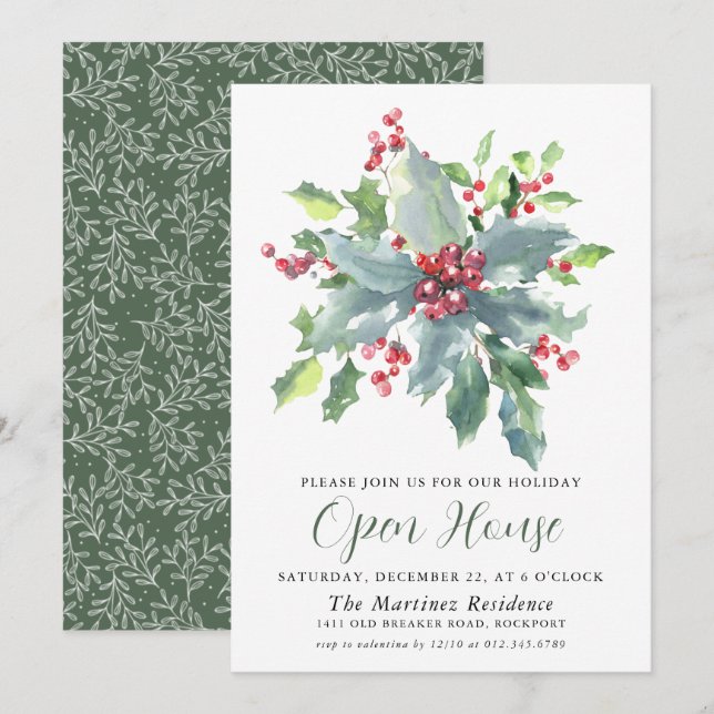 Classic Holly Berry Greenery Holiday Open House Einladung (Vorne/Hinten)