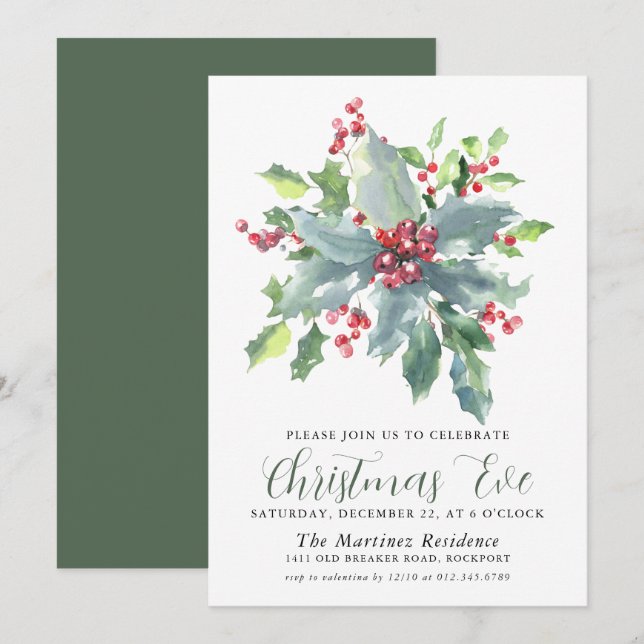Classic Holly Berry Greenery Weihnachtsabend Party Einladung (Vorne/Hinten)