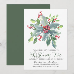 Classic Holly Berry Greenery Weihnachtsabend Party Einladung
