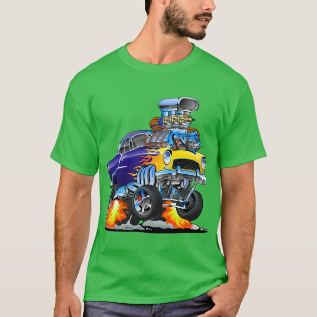 Classic Hotrod Muscle Car Flammen Big Motor T-Shirt (Vorderseite)