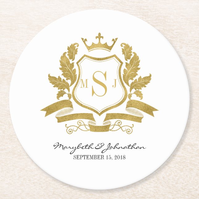 Classic Imitate Gold Wappen Wedding Paper Unterset Runder Pappuntersetzer (Vorderseite)