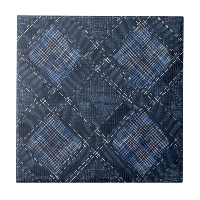 Classic Indigo Diamond Stitch Denim Muster Fliese (Vorderseite)