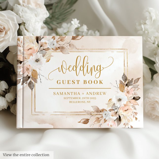 Classic ivoire or cadre Floral Mariage livre d'hôt (Classic Ivory Gold Frame Floral Wedding Guest Book)