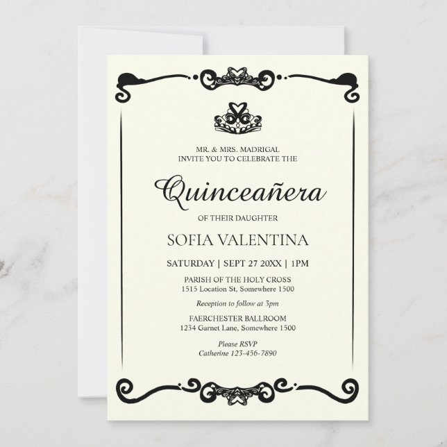 Classic Ivory Black Tiara Quinceanera Einladung (Vorderseite)