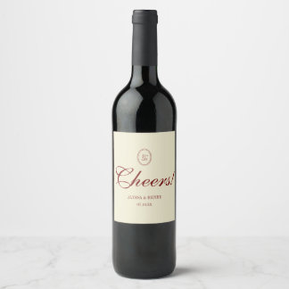 Classic Ivory & Wine Red Script "Cheers!" Wedding Weinetikett