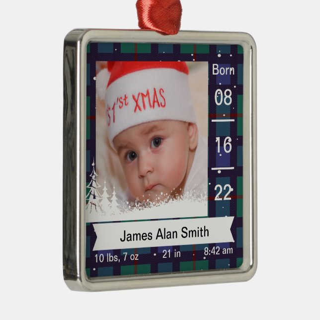 Classic Kariert Baby's First Foto, Name & Stats Ornament Aus Metall (Rechts)