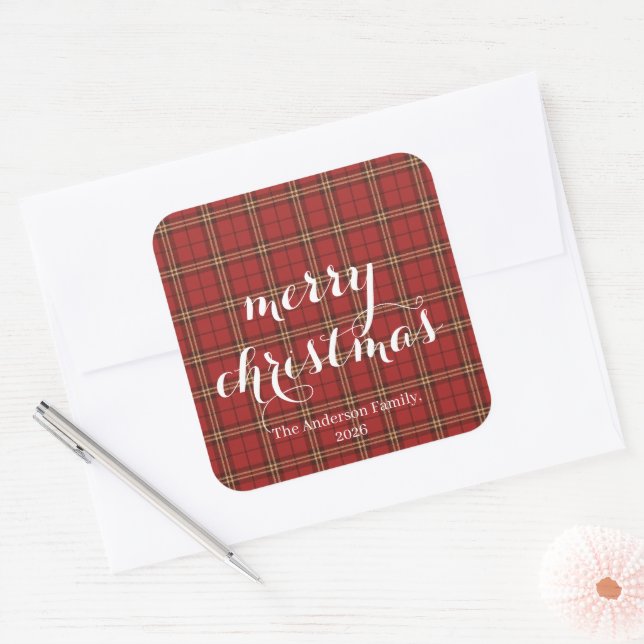 Classic Kariert Merry Christmas Festival - Quadratischer Aufkleber (Umschlag)